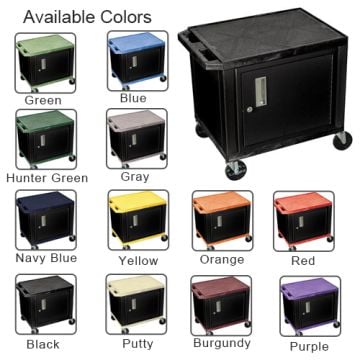 A variety of color options for the H. Wilson 24.5" High Tuffy Utility A/V Cart with Cabinet (2-Shelf Black Legs), featuring a compact design with a locking cabinet, two shelves, and smooth-rolling caster wheels.
