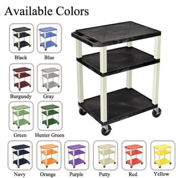H. Wilson 34" High Tuffy Utility A/V Cart (3-Shelf Putty Legs) displayed in multiple color options, featuring a durable three-shelf design with sturdy wheels for mobility.