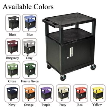 H. Wilson 34" High Tuffy Utility A/V Cart with Cabinet (3-Shelf Black Legs) displayed in multiple available colors, featuring a sturdy design with rolling wheels and a lockable cabinet for secure storage.
