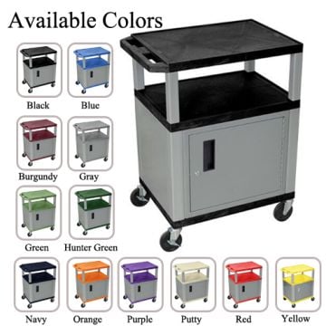 H. Wilson 34" High Tuffy Utility A/V Cart with Cabinet (3-Shelf Nickel Legs) shown in various color options, featuring a durable design with three shelves, a lockable cabinet, and rolling casters for mobility.