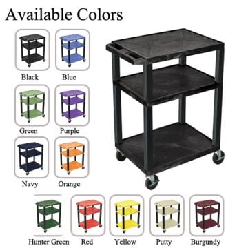 H. Wilson 34" High Tuffy Utility A/V Cart (3-Shelf Black Legs) shown in multiple available colors, featuring three sturdy shelves, rolling casters, and a black leg frame for versatile utility.