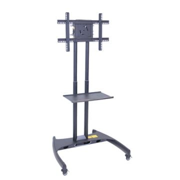 A black Luxor Adjustable Height Flat Panel Stand with Shelf featuring a sturdy base with wheels, dual vertical support poles, and a flat shelf for additional storage.