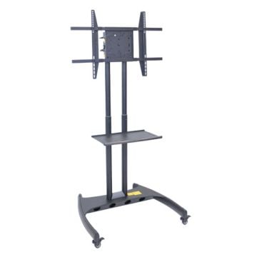 A black Luxor Rotating Adj Height Flat Panel Stand with a sturdy metal frame, adjustable height, a flat panel mount, and a small shelf, supported by wheels for mobility.