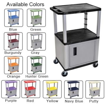 A collection of H. Wilson Tuffy 42" Utility and Audio / Visual Carts with Cabinet (3-Shelf Nickel Legs) shown in various available colors, including blue, green, burgundy, gray, orange, hunter green, purple, red, yellow, navy blue, and putty.
