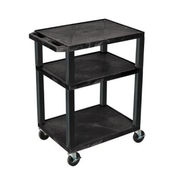 A black H. Wilson Tuffy WT34 34" high 3-shelf A/V utility cart with black legs, featuring durable plastic shelves and four swivel casters for mobility.