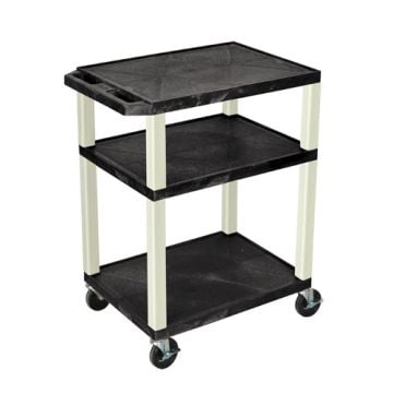 A black three-shelf A/V utility cart with putty-colored legs, featuring a durable design and smooth-rolling casters, identified as the "H. Wilson Tuffy WT34-P Black 34" High 3-Shelf A/V Utility Cart (No Outlet / Putty Legs)".