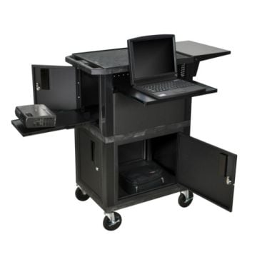 A H. Wilson Tuffy WTPSCE Black Presentation Station with Cabinets, Shelves, and Projector Platform, featuring a laptop on the pull-out shelf, a projector on a side tray, and storage cabinets below on a wheeled base.