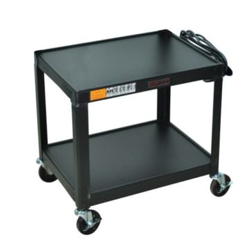 A black 2-shelf steel utility A/V cart, specifically the H.Wilson W26E 26" High model, featuring a sturdy design with rolling caster wheels and a coiled power cord attachment.