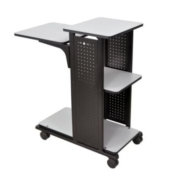 A black and white H. Wilson WPS4 Mobile Presentation Station with 4 shelves, featuring a perforated metal frame, spacious tiered shelving, and caster wheels for mobility.