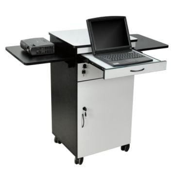 A H. Wilson WPSDD3 Wood Multimedia Workstation Cart featuring a black and white design with a pull-out drawer for a laptop, side shelves for additional equipment, and lockable storage on wheels.