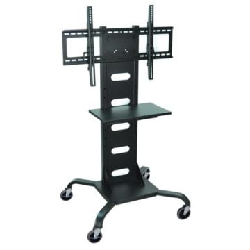 A black H. Wilson WPSMS51 37" - 60" LCD TV Mount Mobile Stand featuring a sturdy frame with a built-in shelf, adjustable brackets, and smooth caster wheels for mobility.