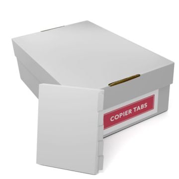 A box containing MyBinding 110lb 5.5" x 8.5" Half-Size Reverse Collated Plain Paper Copier Tabs, ideal for organizing and dividing documents.