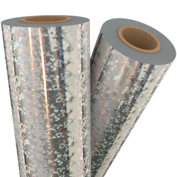 Two rolls of Hearts Silver Holographic Laminating / Toner Fusing Foil showcasing a shiny, reflective surface with heart patterns.