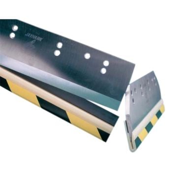 A heavy-duty plastic knife guard for paper cutter blades, featuring a sturdy yellow and black striped protective strip and pre-drilled holes for secure attachment.