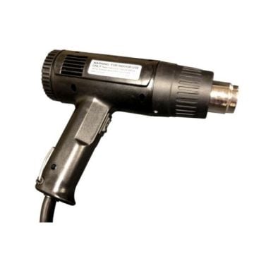 A black HG-1-CY Economy Shrink Wrap Heat Gun with a pistol grip design, featuring a metallic nozzle and visible safety instructions on the side.