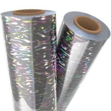 Two rolls of Shimmering Water Silver Holographic Laminating / Toner Fusing Foil with a reflective, iridescent finish.