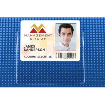 Horizontal Badge Holder w/ Pin (4" x 3") displayed with a professional ID card featuring a photo, barcode, and text for an account executive on a blue textured background.
