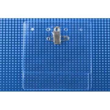 Clear Horizontal Badge Holder w/ Pin/Clip Combo (4" x 3") displayed on a blue background with a dotted texture, featuring a transparent plastic pocket and a metal pin-and-clip attachment.