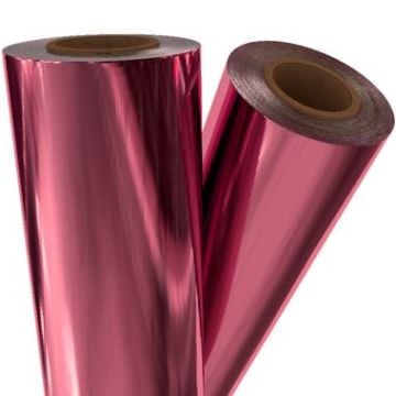 Two rolls of Hot Pink Metallic Toner Fusing/Sleeking Foil - 3" Core, showcasing a reflective and vibrant finish.