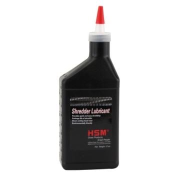 A black 12-ounce bottle of HSM 316 Shredder Oil with a red-tipped nozzle, designed for lubricating paper shredders to reduce friction, prevent paper jams, and maintain optimal performance.