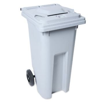 A gray HSM Shred Cart with wheels and a secure locking lid designed for holding shredded documents.