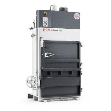 An HSM V-Press 610 Vertical Baling Press, a compact and efficient machine designed for compressing recyclable materials into bales.