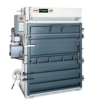 The HSM V-Press 820 Plus Vertical Baling Press, a heavy-duty machine designed for compacting recyclable materials efficiently.