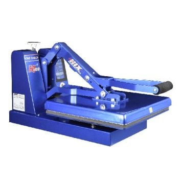 A blue HIX Evo Touch HT-400 Digital Manual Clamshell Press with a sturdy handle and a flat heat press surface, designed for precision and durability in heat transfer applications.