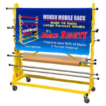 Mondo Media Roll Mobile Rack for organizing and storing up to 16 rolls of large format media and banner material.