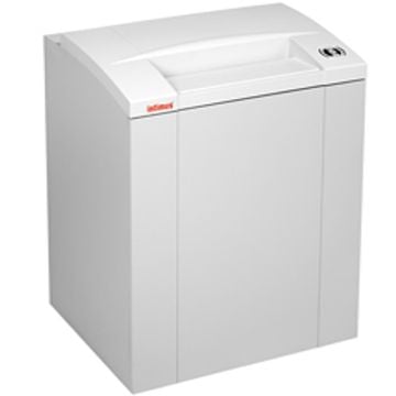 A white Intimus 175 CP5 Micro Cut Paper Shredder with a sleek design, featuring a control panel and a side-mounted waste collection system.