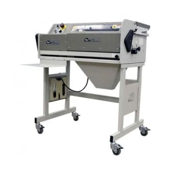 The James Burn CB30QS 17" Automatic Coil Inserter and Crimper machine on a wheeled stand.