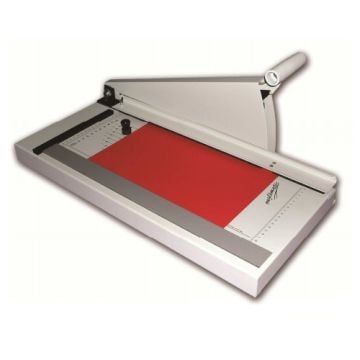 James Burn Onglematic O3 Tab Cutter w/ 1/2 Ext. Double Round Corner shown with a red sheet of paper ready for cutting.