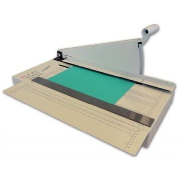 A James Burn O5-STD Tab Cutter with 15° Angle Cut, featuring a manual cutting blade and alignment grid for precision tab cutting.