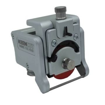 Close-up image of the Keencut Fabric Tool Head for Evolution3 Series Cutters, showcasing its durable metal construction and precision cutting blade.