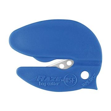 The BC-347 Safety Bag Cutter is shown with a blue plastic handle, featuring a stainless steel blade for cutting bags safely, with an ergonomic design for comfortable use and a small, compact shape.