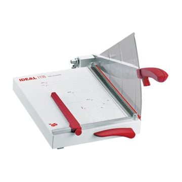 MBM Triumph 1135 13.75" Tabletop Paper Cutter with a red handle and transparent safety shield for precise cutting.