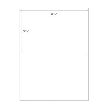 An 8.5" x 5.5" half sheet (2-up) peel-and-stick printable labels layout presents a blank rectangular area divided horizontally, with dimensions clearly marked for printing or labeling purposes.