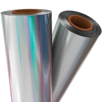 Close-up of Silver Holographic Laminating / Toner Fusing Foil rolls showcasing their reflective, iridescent finish.