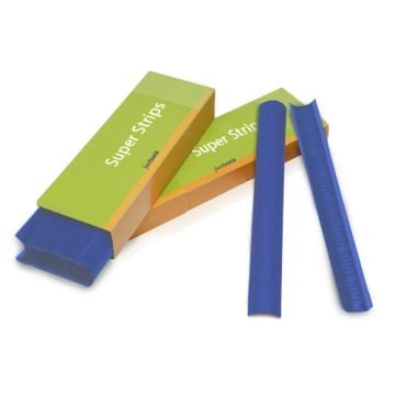 Blue Lapis 11" Narrow Powis Parker Fastback Super Strips are displayed alongside their green and yellow packaging, showcasing their flexible, textured binding material.