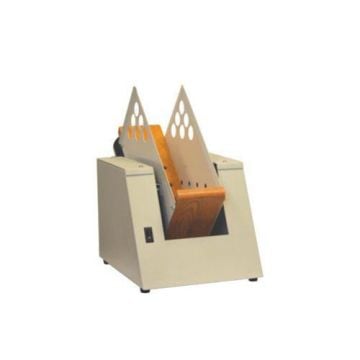 The Lassco Wizer LasscoJog LJ-2 Table Top Paper Jogger with a V-shaped design for aligning and organizing stacks of paper efficiently.