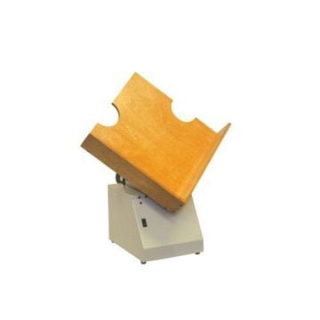 A Lassco Wizer LasscoJog LJ-4 Table Top Paper Jogger with a tilted wooden tray for aligning stacks of paper.