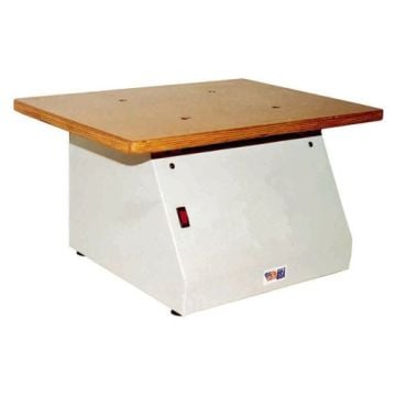 A Lassco Wizer LasscoJog LJ-8 Flat Top Paper Jogger with a sturdy wooden platform and a sloped white base, designed for aligning and organizing stacks of paper.