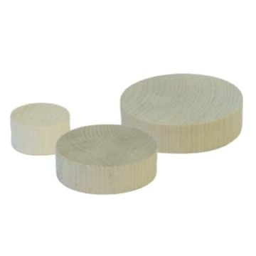 Three Lassco Wizer Paper Drill Blocks of varying sizes, featuring a smooth, light wood finish and circular shape, arranged on a plain white background.