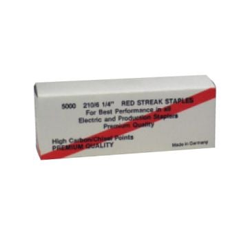 A box of Lassco Wizer Red Streak Staples, containing 5,000 1/4" high carbon/chisel point staples for electric and production staplers.