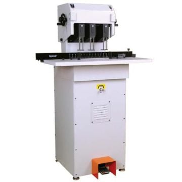 The Spinnit FMMH 3.1 Auto Hydraulic 3-Spindle Paper Drill, a heavy-duty machine used for precision paper drilling with three adjustable spindles and foot-pedal operation.