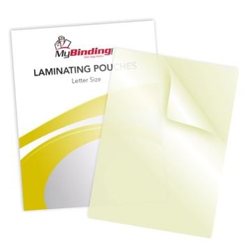 Letter Size Sticky Back Laminating Pouches with a clear glossy finish, ideal for protecting and displaying documents.