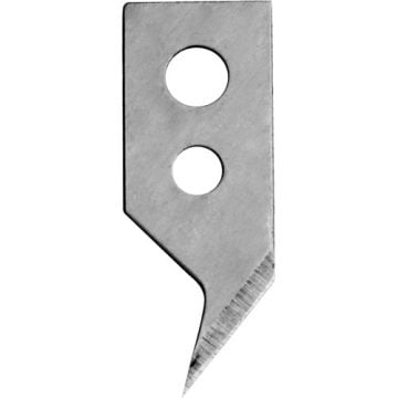 Close-up image of a single Logan WB-20 Foamwerks Freestyle Cutter Replacement Blade with a sharp angled edge and two circular holes.
