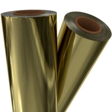 Two rolls of Light Gold Metallic Laminating / Toner Fusing Foil with a glossy reflective surface, perfect for enhancing prints with a premium finish.