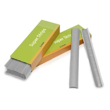 Light gray 11" Fastback Super Strips neatly arranged next to their green and orange packaging, showcasing their smooth texture and functional design.