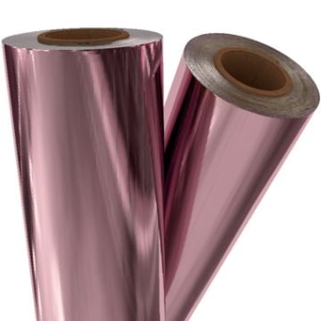 Two rolls of Light Pink Metallic Laminating / Toner Fusing Foil with a shiny, reflective finish, ideal for enhancing print designs.